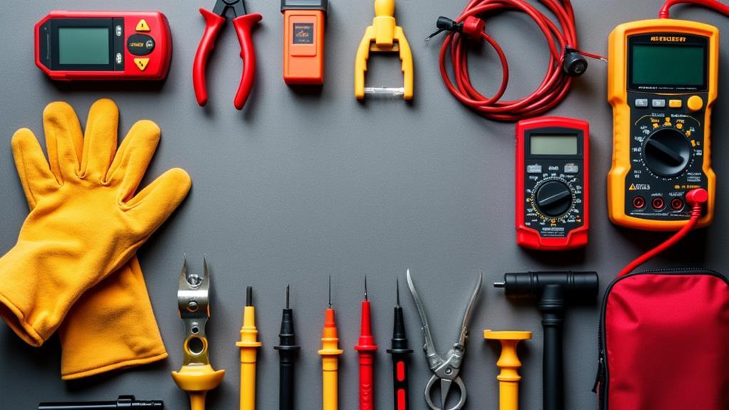 A variety of electrical tools laid out on a gray surface.